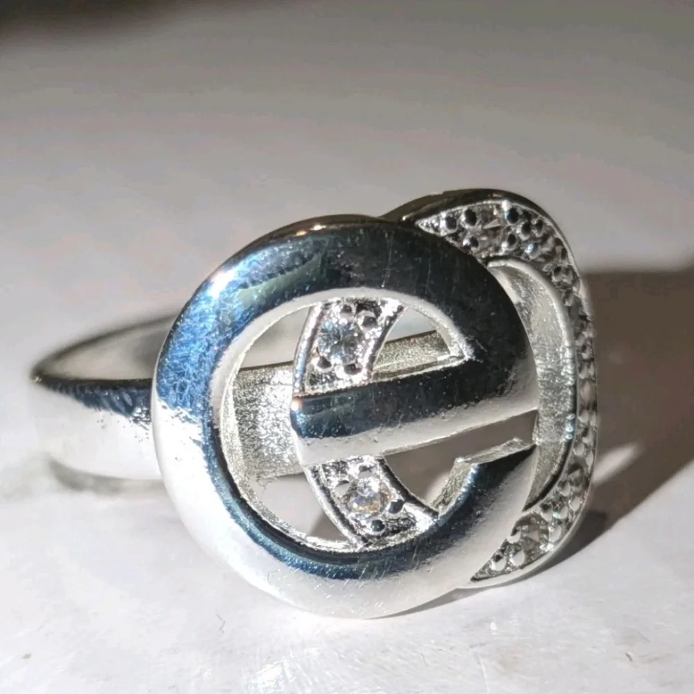 High Quality Women's CIRCLES Belt Buckle SIGNATURE Zirconia 925 Silver Ring Sz 8